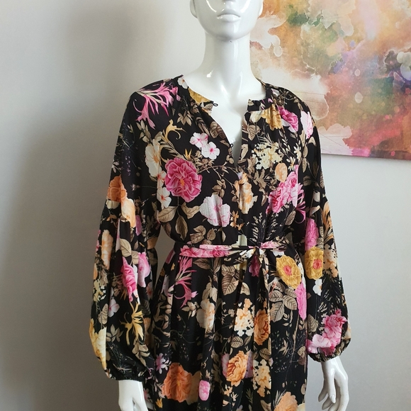 Decjuba Black Floral Maxi Dress Long Sleeve Oversized Size 10 - Picture 10 of 13